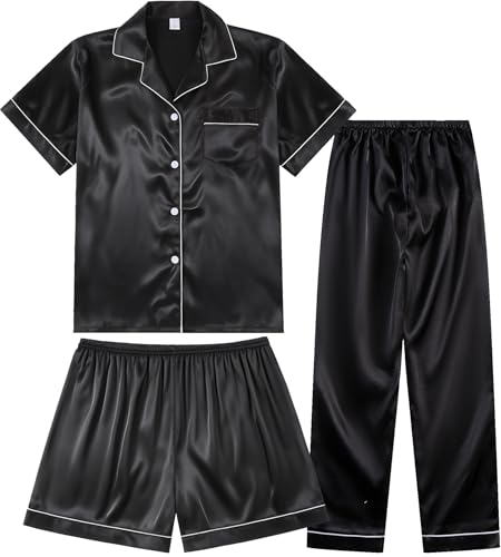 TinyChoice 3 Piece Silk Satin Pajama Set for Women, Short Sleeve Top with Shorts & Pants - Plus Size Soft Sleepwear,Black,M