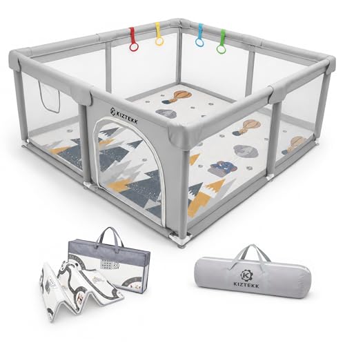 KIZTEKK - Parc Bebe 150x150 cm - Parc Bebe avec Tapis Pliable Reversible - Structure en Acier Inoxydable - 2 Sacs Inclus - 4 Anneaux de Soutien - Tissu Oxford...