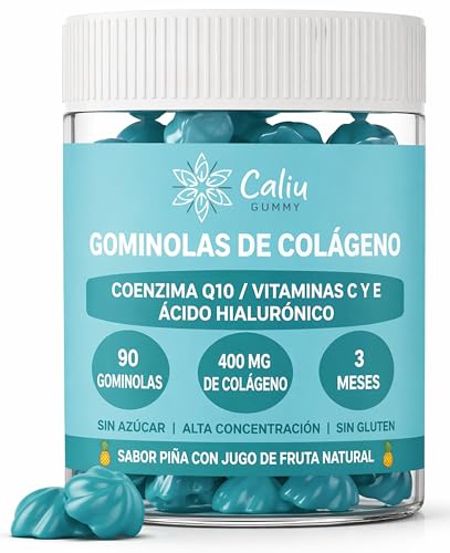 CALIU GUMMY | Gomitas de Colágeno Marino Hidrolizado 400 mg + Ácido Hialurónico + Coenzima Q10 + Vitaminas C, D y E | 90 Gomitas | Piña | Suplemento Piel, Cabello, Uñas y Articulaciones | Sin Azúcar
