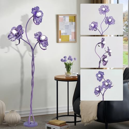 Vintage Flower Floor Lamp for Girls Bedroom Cute 3 Heads Floor Reading Light with Flexible Gooseneck 3 Colors Crabapple Flower Modern Corner Standing Lamp for Living Room Office Home Decor (Purple)