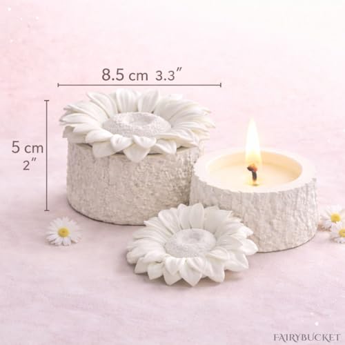 Image of Handmade Aesthetic Scented Candle with Reusable Concrete Jar & Floral Lid | Soy Wax Blend | Vanilla Aromatherapy Candle | 10+ Hours Clean Burn | Decorative Candles, Gifts (Sunflower Jar)
