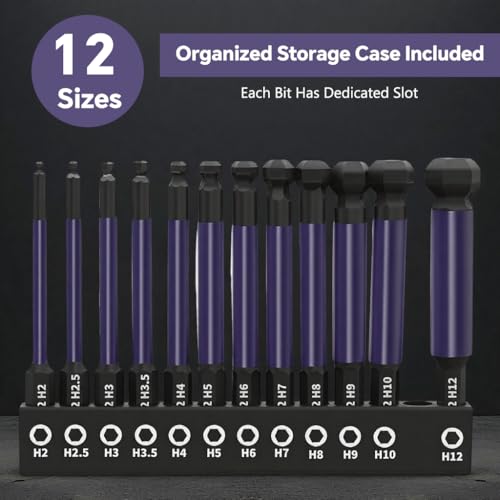 Image of Serplex 12Pcs Ball End Hex Screwdriver Bit Set H2-H12, S2 Steel 1 /4'' Hex Shank Magnetic Hex Bits Set, 2-12mm Allen Key Drill Bits with 25 Angled Ball Tip for Furniture Assembly, Automotive Repair