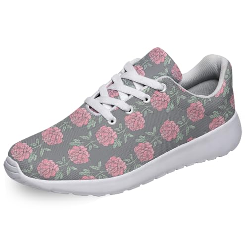 Women Men Color Peony Gray Prints Shoes Slip On Running Shoes Athletic Tennis Sneakers White Size 7.5