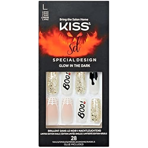 KISS Special Design Halloween Fake Nails, Glow-In-The-Dark, Style ‘Party Till I Die’, with Pink Gel Nail Glue, Mini Nail File, Manicure Stick, & 28 False Nails