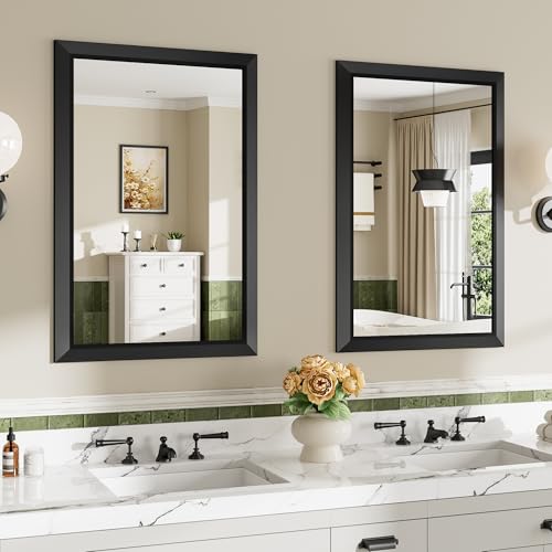 Image of Briivue 2-Pack 24x36 Inch Black Bathroom Mirror for Wall, Thick Metal Framed Rectangle Mirrors for Over Sink, Bedroom, Living Room, Entryway, Anti-Rust, HD Tempered Glass