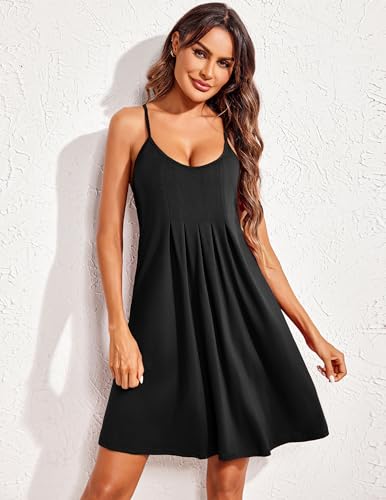 Image of Ekouaer Chemise Nightgowns for Women Sleeveless Sleep Shirts Spaghetti Strap Racerback Nighty Pleated Nightshirt S-2XL