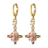 HZMAN Crystal Flower Earring for Women 14K Gold Plated Hypoallergenic Dangle Hoop Earrings Dainty Cubic Zirconia Earrings