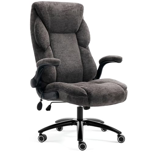 Image of Fabric Office Chair with Inflatable Lumbar Support, Executive Ergonomic Desk Chairs with Flip Arms, High Back Cloth Computer Chair Rocking Function, Heavy Duty Metal Base 300 lbs Capacity| Grey