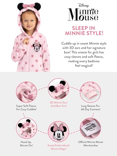 Disney Onesie, Minnie Mouse Pyjamas, Girls Onesie With 3D Ears And Bow, Fleece Kids Onesies, Pink 3-4 Years - Image 5