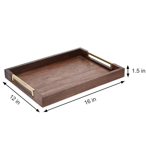 Wooden Coffee Table Serving Tray - Decorative Ottoman Tray For Living Room, Beautiful Home Decor, Perfect For Serving Food Or Displaying Household Items. Walnut And Gold Brass. By Harry & Melinda. #TOP2