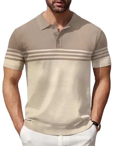 COOFANDY Mens Striped Polo Shirts Short Sleeve Striped Textured Pullover Golf Polo T Shirts, Khaki and Beige, Medium