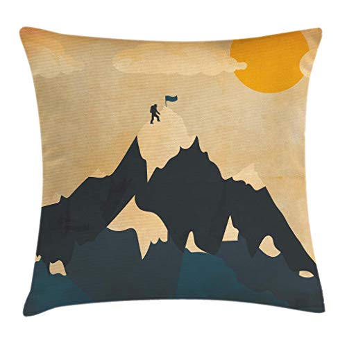 Ambesonne Vintage Throw Pillow Cushion Cover, Man on Mountaintop with Flag Snowy Winter Sun Clouds Adventure Sports, Decorative Square Accent Pillow Case, 16" X 16", Orange Mustard