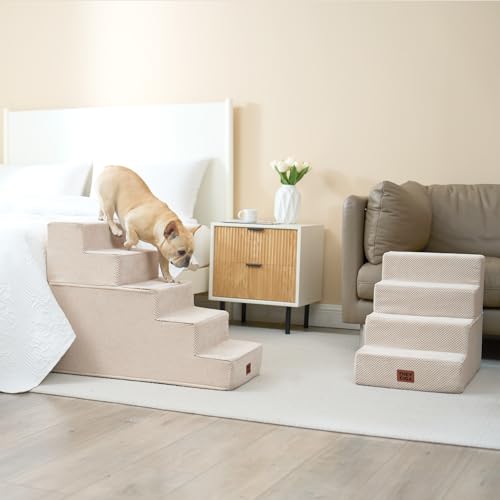 Image of EHEYCIGA Dog Stairs for High Bed 22.5 inch H, 5-Step Dog Steps for Bed, Pet Steps for Small Dogs and Cats, Non-Slip Balanced Pet Ramp Indoor, Beige