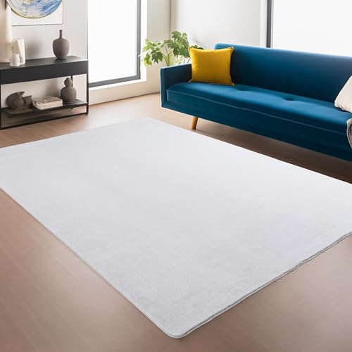 Image of Snuggly Plain Living Room Area Rug Super Soft Polyester Rug Cut Pile Anti-Slip Backing Machine Washable Modern Rug for Living Room Bedroom Hallway 9 Colours- Snow White- 80 x 120 cm (Rectangular)