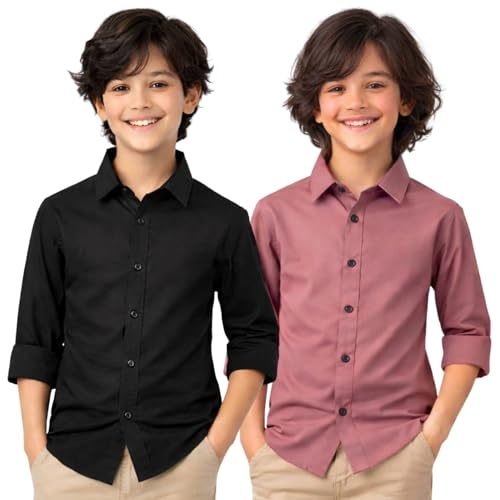 Image of YYQ Pack of 2 Boys Cotton Blend Shirts - Full Sleeve Casual, Soft & Comfortable Spread Collar Shirts