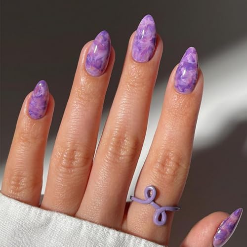 Image of NBNTGH Marbling Press On Nails Purple Ombre French Almond False Nails, 24 Pcs (Pack of 24), ABS Material, Glossy Finish, Full Cover, Reusable