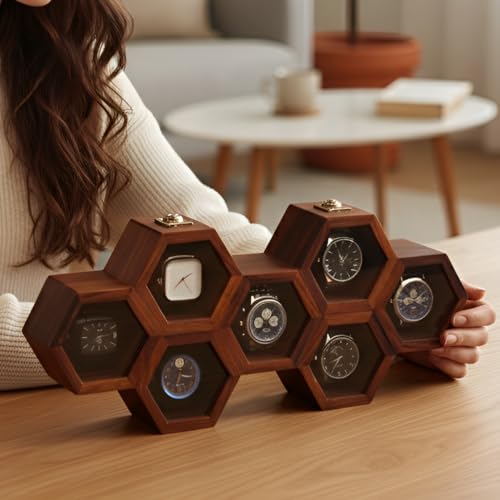 Image of Vintage Wooden Watch Box for Men, Timepiece Display Case, Honeycomb Watch Storage & Organizer, Jewlery Box for Women, Anniversary Gift For Husband (7 Compartments (Other Design))