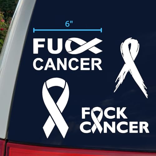 Cancer Ribbon Decal 4 Pack: FU Cancer, Ribbon, Tattered Ribbon, Breast Cancer Awareness Decals (Large ~5", White)