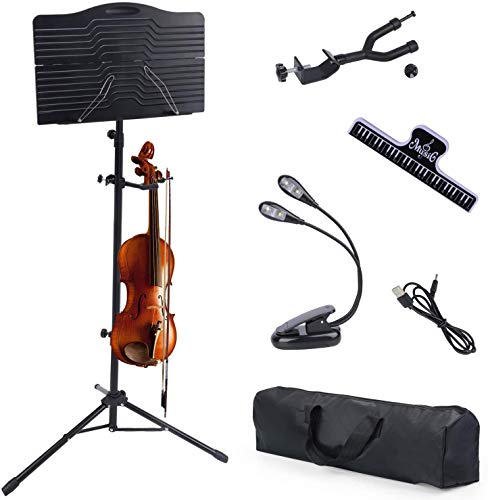 Klvied Sheet Music Stand with Violin Hanger, Portable Folding violin Stand, Foldable Music Stand for Sheet Music, Violin Music Stand with Carrying Bag, Light, Black by Klvied - Used condition - CA$31.06