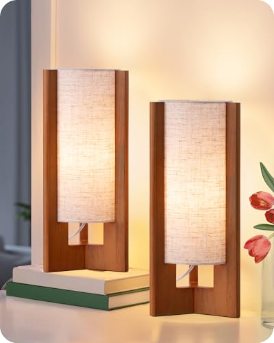 EDISHINE 13.5" Table Lamp, Rose Wood Cylinder Bedside Lamp, E26 Base, 2Pack