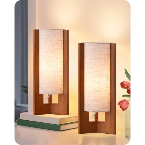 EDISHINE Wood Table Lamps, 13.5" Small Bedside Lamp, Beige Linen Shade, Rose Wood Cylinder Modern Nightstand Lamp for Bedroom Living Room, On-Off Line Switch, E26 Base (Bulb Not Included), 2