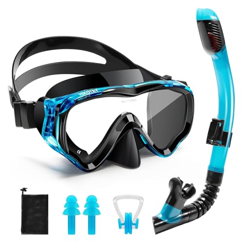 HIKOTEY Snorkeling Set for Kids, Full Dry Snorkeling Mask Set for Adults, Anti-Fog Protection, Unisex,HD Panoramic View, Snorkeling Gear for Kids 4-14 Age (Blue+Black)