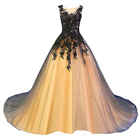 Gothic Long Black Lace Prom Wedding Dress Sheer Bateau Formal Ball Gown Gold 14 Cover