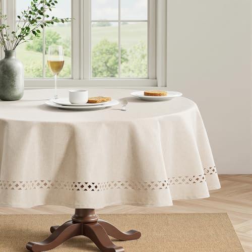 MIULEE Beige Round Linen Polyester Tablecloth with Decorative Cutouts Spring Waterproof Stain Resistant & Shrink-Proof Table Cloth 60x60 inch Farmhouse Style for Dining Wedding and Outdoor
