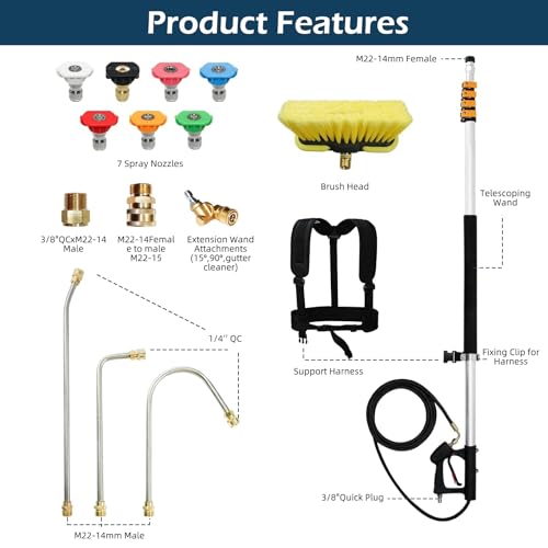 AYYDS Teleskop Hochdruckreiniger Zauberstab, 7,3 m Hochdruckreiniger Sprühstab Set mit 7 Sprühdüsenspitzen, Bürstenkopf, Dachrinnenreiniger, 2 Schlauchadaptern und Stützgurt