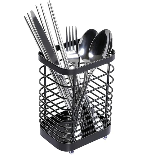 Qobobo Porte-ustensiles de cuisine pour le plan de travail, porte-couverts en acier inoxydable noir, porte-ustensiles, récipient pour ustensiles de cuisine, rangement des ustensiles de cuisine