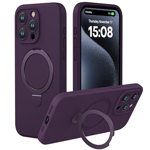 CellEver Strong Magnetic Case for iPhone 15 Pro Max [for MagSafe Charging] [Camera Protection] Heavy-Duty Protection, Soft Grip Silicone Cover with Kickstand, Deep Purple by CellEver - Used condition - US$17.51