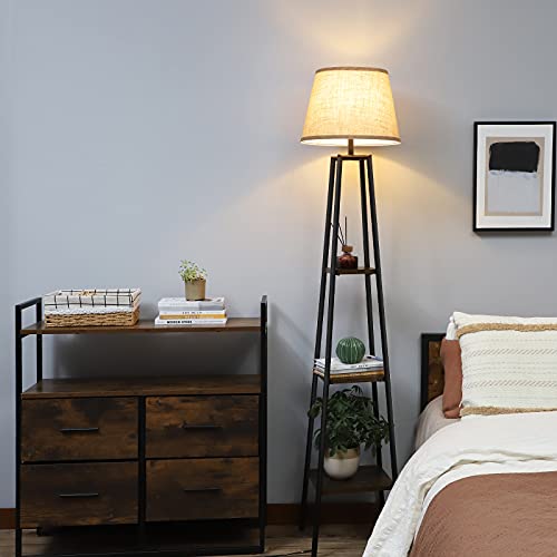 DEWENWILS 65 inch Modern Floor Lamp with Shelves, Wood Storage Standing Reading Lamp with Beige Linen Shade, Black Display Shelf Light for Living Room, Bedroom, Office