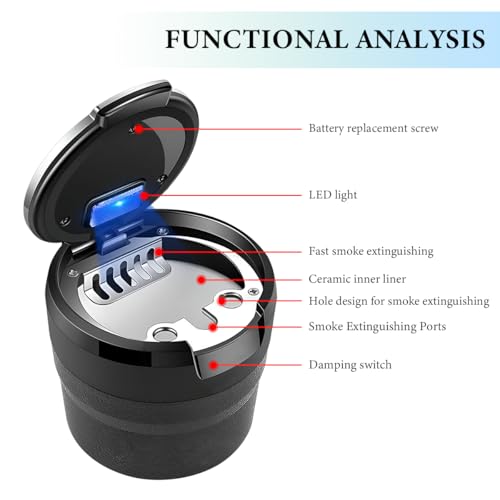 Image of Car Ashtray with Lid, Detachable Smokeless Steel Ash Tray with LED Light for Car Cup Holder Air Vent, Mini Portable Ashtray Universal for Most Vehicle Interior, Home, Office (Silver)