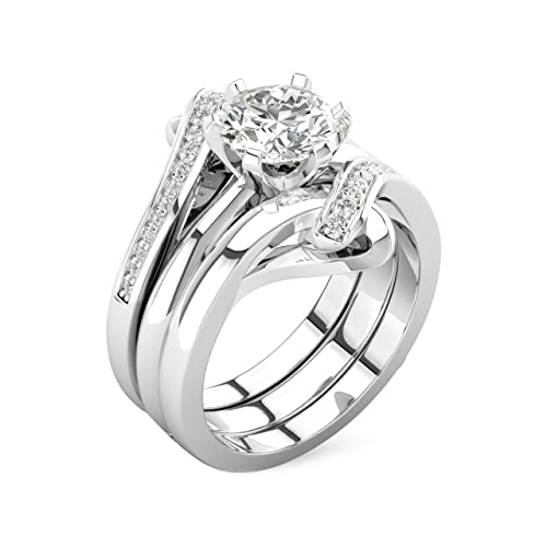 Wedding Ring Set for Women Bridal Ring Set 1 Carat Center Moissanite Engagement Ring Set 3 Piece Wedding Ring Sets for Her Platinum Plated Silver Anniversary Promise Rings size7 - Image 2