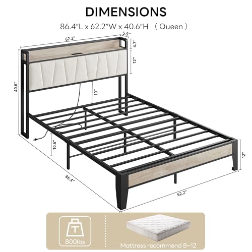 Image of LIKIMIO Queen Bed Frames, Boucle Storage Headboard with Charging Station, Solid and Stable, Noise Free, No Box Spring Needed, Easy Assembly