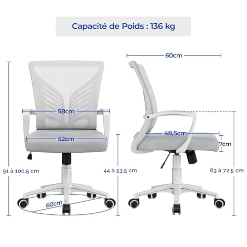 Chaise bureau ergonomique robuste 136kg pivotante gris clair