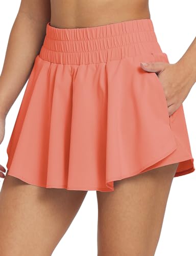 baleaf Women's 13'' Athletic Skirts High Waisted Tennis Skirt Skorts Shorts Flowy Ruffle Zipper Pockets Workout Running Coral L