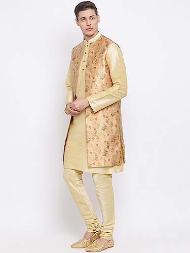 Image of VASTRAMAY Men's Beige Cotton Silk Blend Kurta, Ethnic Jacket and Pyjama Set