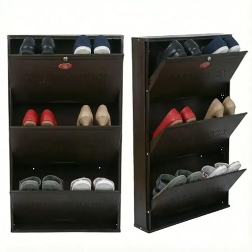Image of Skywave Luxury Wall Mounted Metal Shoe Rack for Home - 3 Shelf, Holds Up to 25 Pairs | Central Locking Shoe Cabinet | Space Saving | Heavy Duty Steel | 3 Year Warranty (Coffee Brown, 26 Inches)