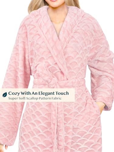 PAVILIA Light Pink Womens Robes Lightweight, Knee Length Plush Fluffy Shower Bathrobe for College Dorm Ladies, Soft Fuzzy Cozy with Pockets, L/XL