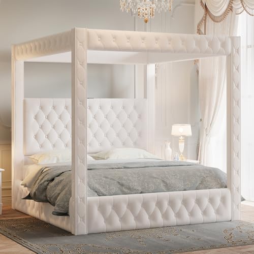 Jocisland Queen Canopy Bed Frame Velvet Upholstered Headboard Cream