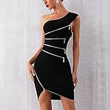 Escote: Asimétrico Vestido de Vendaje de Mujer Vestido de Cremallera de un Hombro Sexy Vestidos de Fiesta de Noche de Celebridades, PIBM, Negro, l