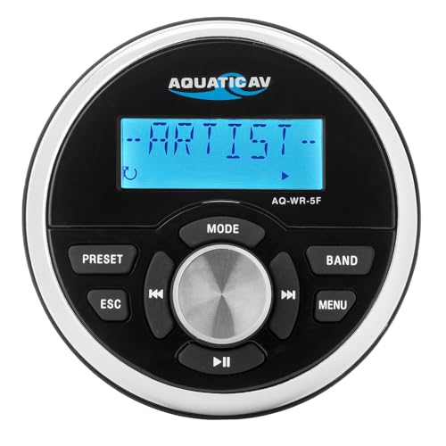 Aquatic AV AQ-WR-5F Wired Flush-mount Remote Control, For Use With AQ-MP-5UBT-S, AQ-MP-5UBT and AQ-MP-5BT Stereos, LCD Screen, Waterproof IP65 and CFR46 Compliant, 500-Hour Stable Salt/UV Protection