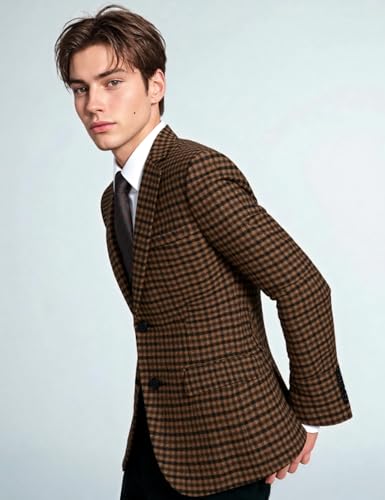 Mens' Plaid Tweed Blazer Slim Fit Single Breasted Warm Suit Jacket Casual Sports Coat for Wedding Formal Party4