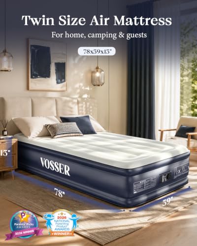 Image of VOSSER Twin XL Air Mattress with Built-in Pump, 13 inch Raised 80 inch Extra Long Inflatable Blow Up Mattress, Flocked Top Single Air Bed for Home, Guests &Floor,Portable Bed Twin Size Air Mattress