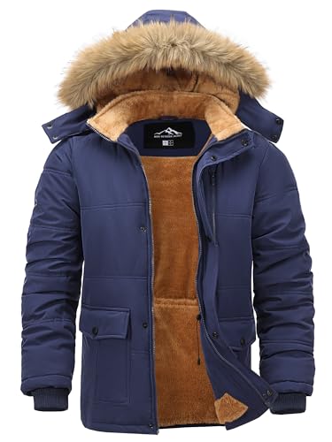 Peakwell Winterparka Warm Winterjacke Wasserdichte Herrenjacke Thermol Wintermantel Outdoor Übergangsjacke Innenfleece mit Taschen, Marineblau, XL
