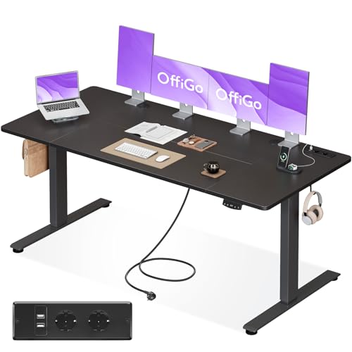 OffiGo Escritorio Elevable, 180x80cm Mesa Elevable Escritorio con Enchufes y Carga USB, Mesa Regulable Altura con 2 Memorias, Standing Desk para Oficina, Casa, Juegos, Negro
