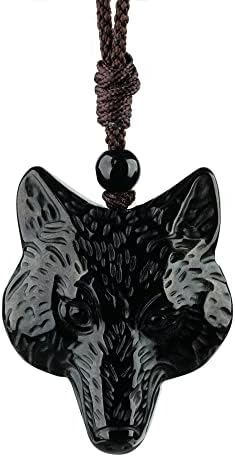 TIKCAUZ Wolf Necklace Black Obsidian Necklace Natural Crystal and Healing Stone with Adjustable Rope Wolf Protection Pendant Amulet Jewlery for Men Women (Wolf Head)