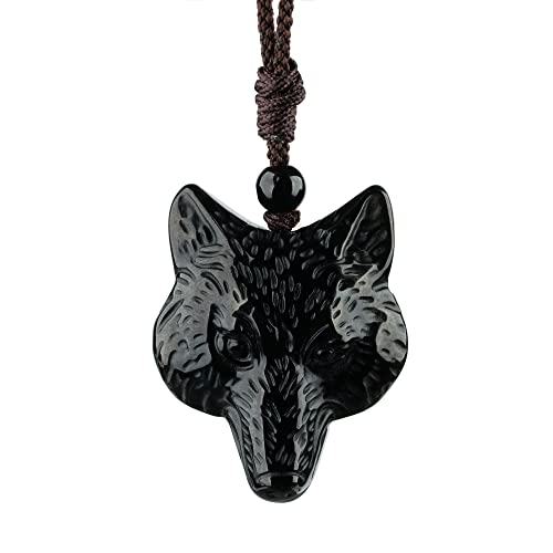 TIKCAUZ Wolf Necklace Black Obsidian Necklace Natural Crystal and Healing Stone with Adjustable Rope Wolf Protection Pendant Amulet Jewlery for Men Women (Wolf Head) by TIKCAUZ - Used condition - US$12.57