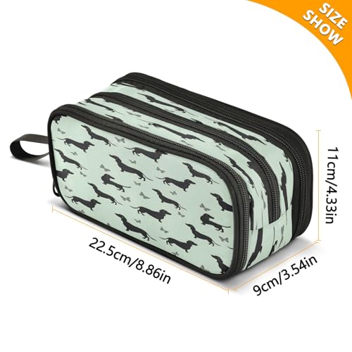 Image of Dachshund Green Background Pencil Case 3 Compartment Pen Bag Pouch Holder Box School Portable Stationery Storage Bag for Girls Boys